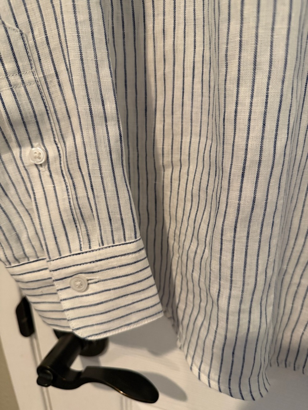 Muji Women’s linen White Button-Up Shirt with Navy Stripes - Casual & Timeless - Picture 4 of 6